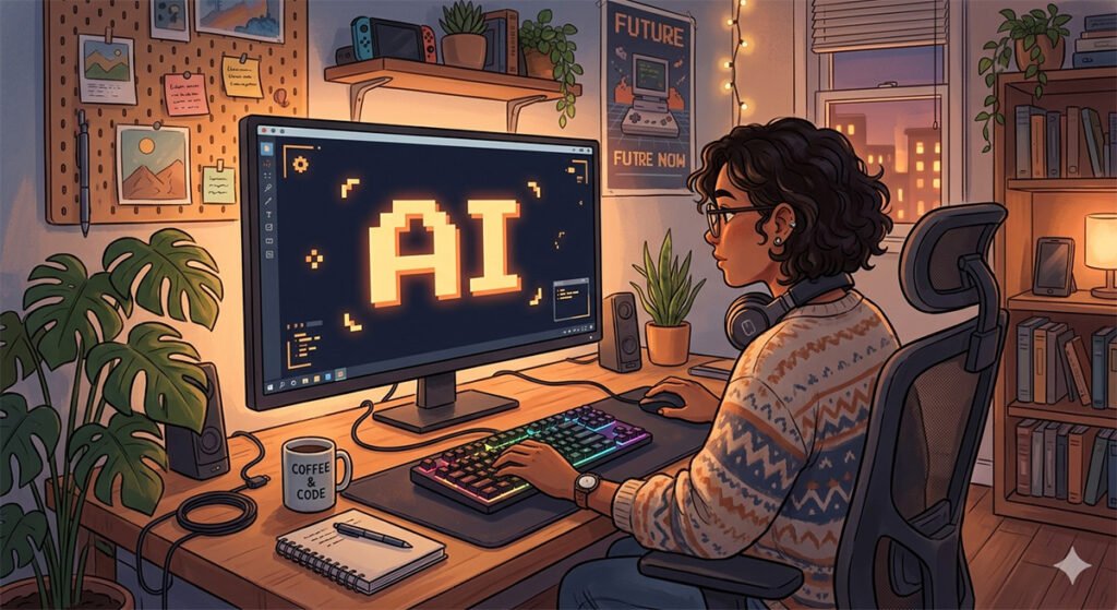 Illustration of a person with curly hair sitting at a cozy desk, looking at a large computer monitor displaying AI in a pixel font.