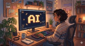 Illustration of a person with curly hair sitting at a cozy desk, looking at a large computer monitor displaying AI in a pixel font.