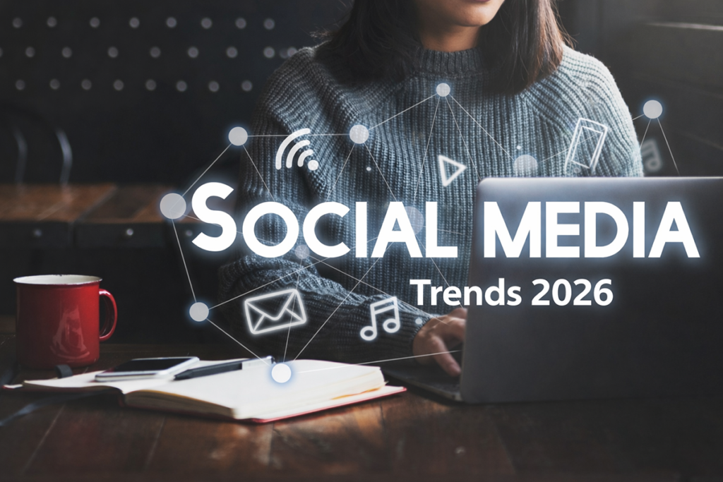 Woman using laptop at desk with notebook and coffee, overlaid with social media icons and “Social Media Trends 2026” text